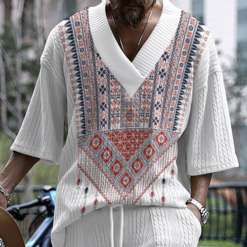 Women's Short-Sleeve Ethnic-Style V-Neck Shirt with Decorative Pattern