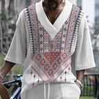 Women's Short-Sleeve Ethnic-Style V-Neck Shirt with Decorative Pattern