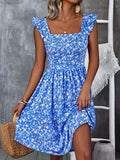 Women's Floral Dress with Flowing Skirt and Ruffle Details