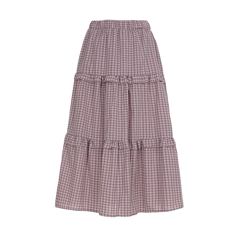 Women's Maxi Skirt with Ruffle and Plaid Pattern
