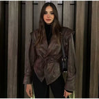 Women's Cropped Faux Leather Jacket with Asymmetric Collar