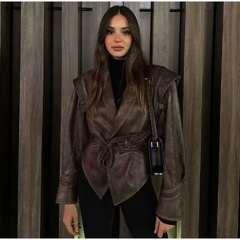 Women's Cropped Faux Leather Jacket with Asymmetric Collar