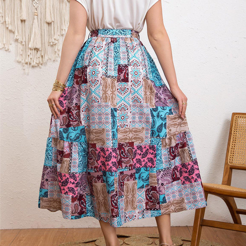 Women's Maxi Skirt with Colorful Patchwork Design and Waist Belt