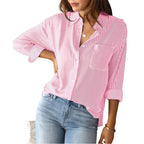 Casual Striped Shirt Blouse with Chest Pocket