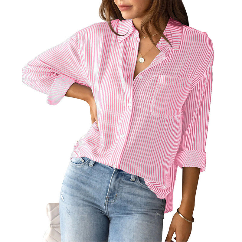 Casual Striped Shirt Blouse with Chest Pocket