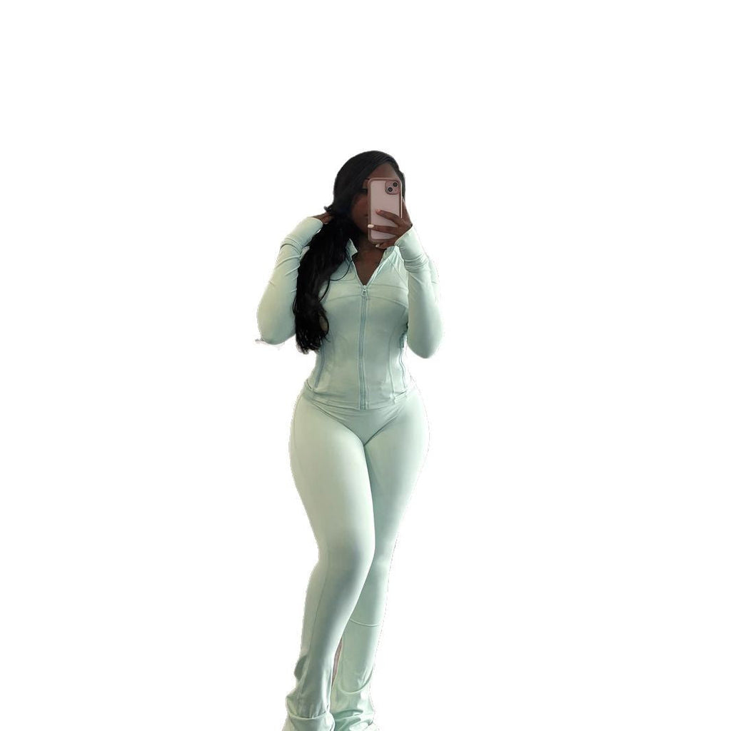 Figure-Hugging Tracksuit with Zipper and Flared Leg