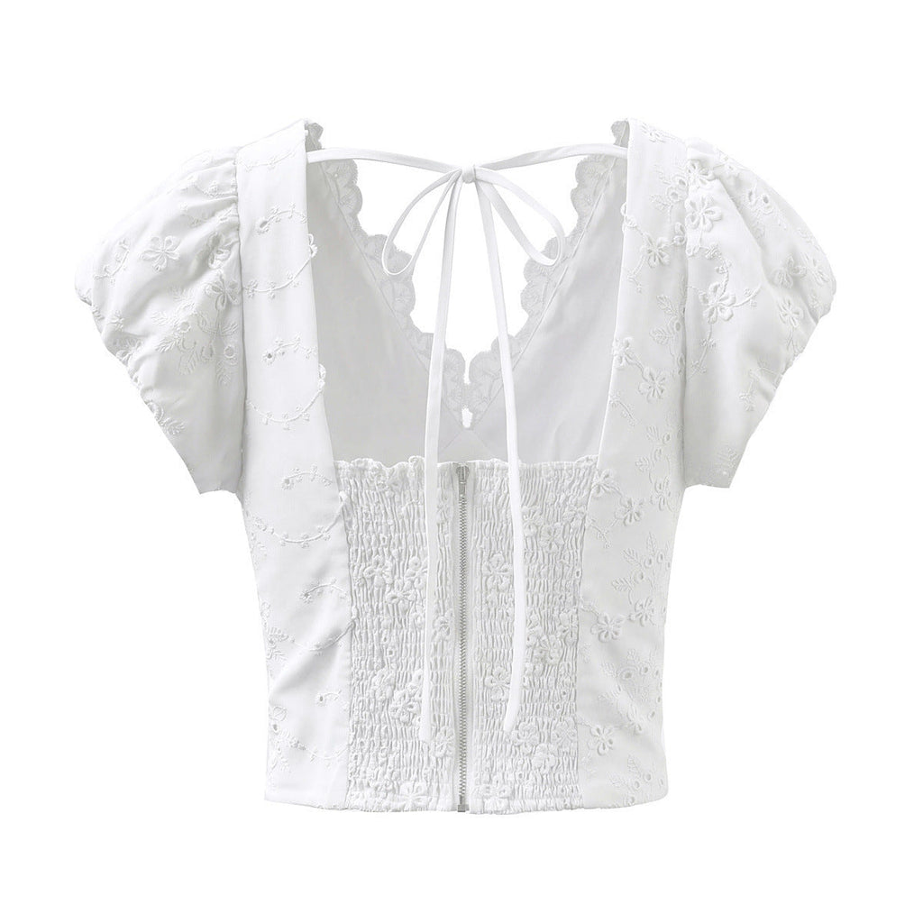 Women's Top with Floral Embroidery and Romantic Ruffled Neckline