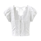 Women's Top with Floral Embroidery and Romantic Ruffled Neckline