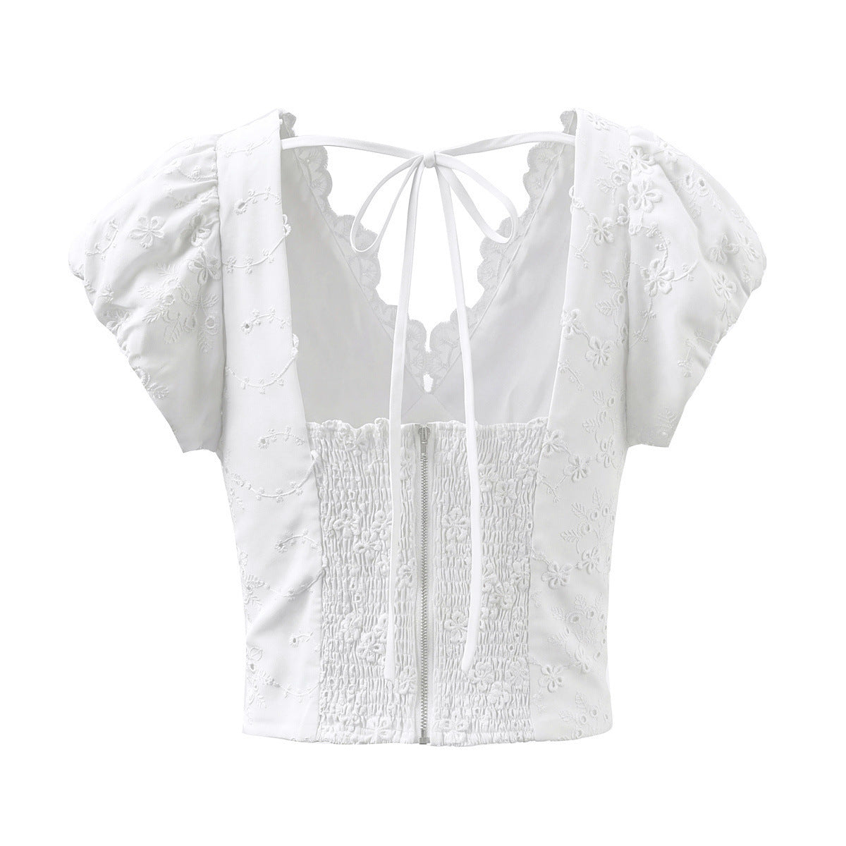 Women's Top with Floral Embroidery and Romantic Ruffled Neckline
