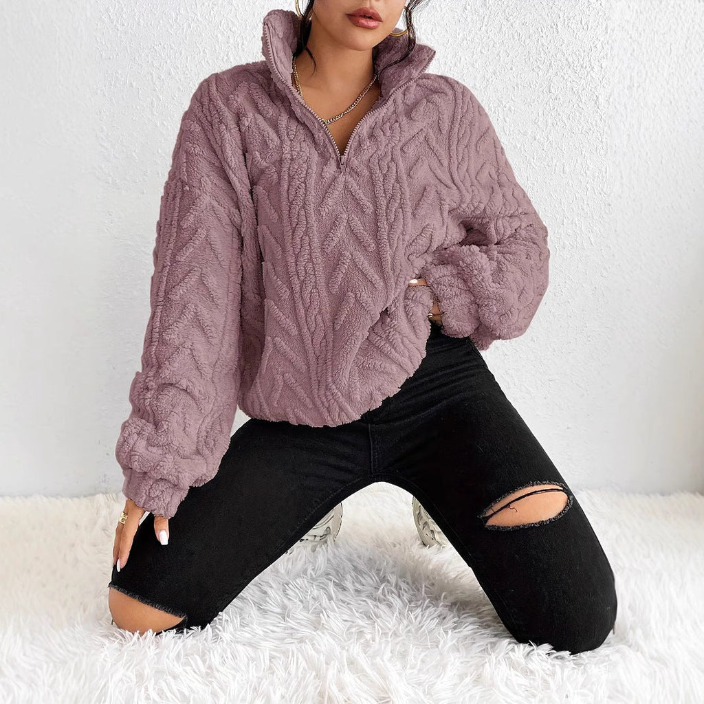 Women's Fluffy Oversized Zip-Up Pullover with Ribbed Texture
