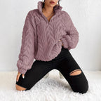 Women's Fluffy Oversized Zip-Up Pullover with Ribbed Texture