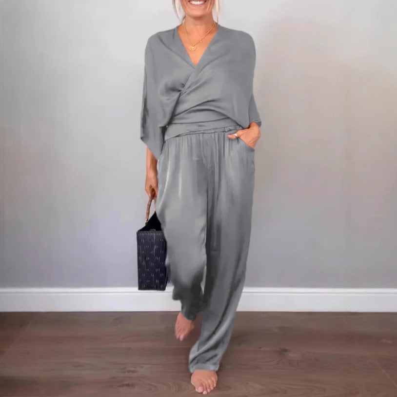 Women's Elegant Wrap Top with Wide Cut and Matching Palazzo Pants