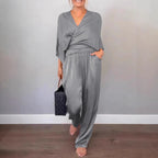 Women's Elegant Wrap Top with Wide Cut and Matching Palazzo Pants
