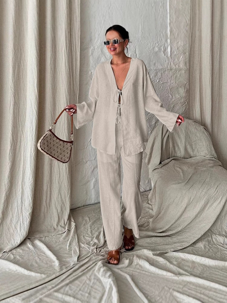 Women's Casual Two-Piece Set with Wide-Cut Top and Comfortable Pants