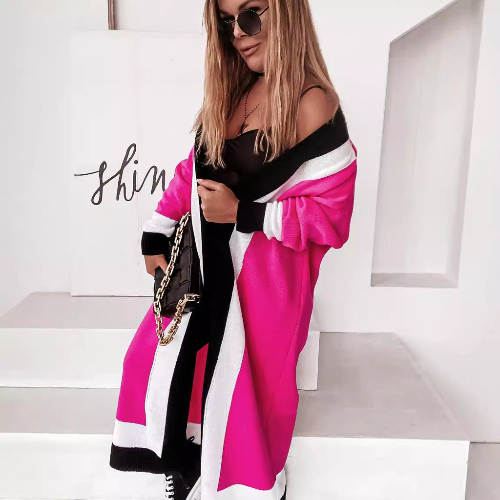 Women's Fashionable Long Knit Coat with Unique Color Block Design and Wide Collar