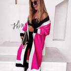 Women's Fashionable Long Knit Coat with Unique Color Block Design and Wide Collar