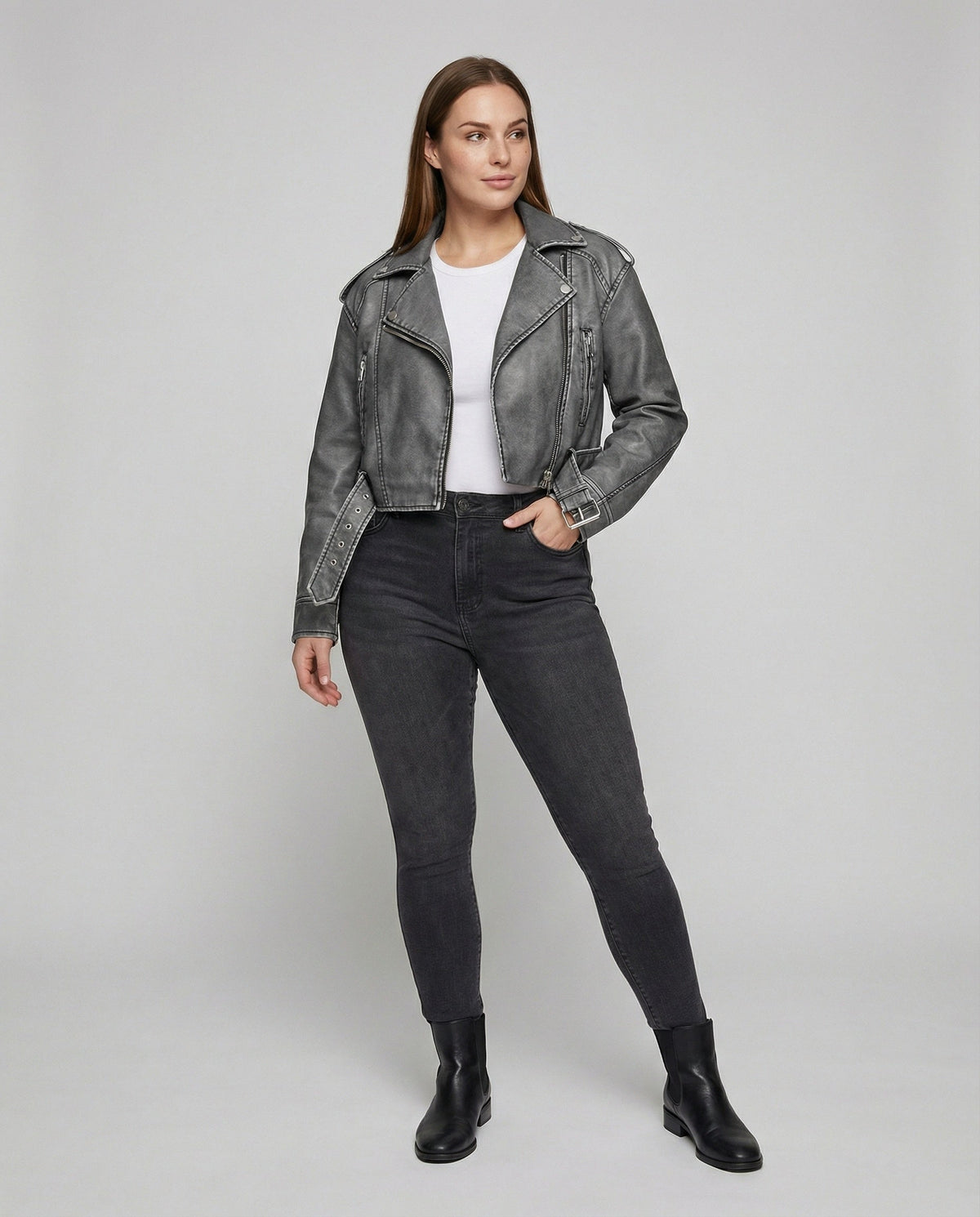 Women's Cropped Denim Biker Jacket with Belt