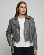 Women's Cropped Denim Biker Jacket with Belt