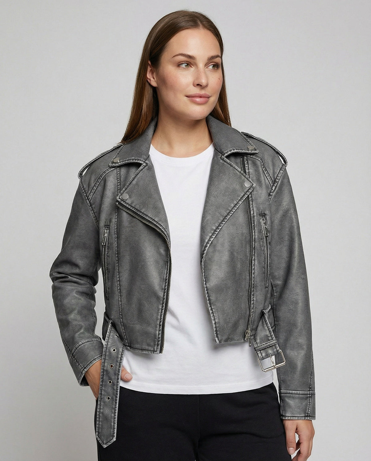 Women's Cropped Denim Biker Jacket with Belt