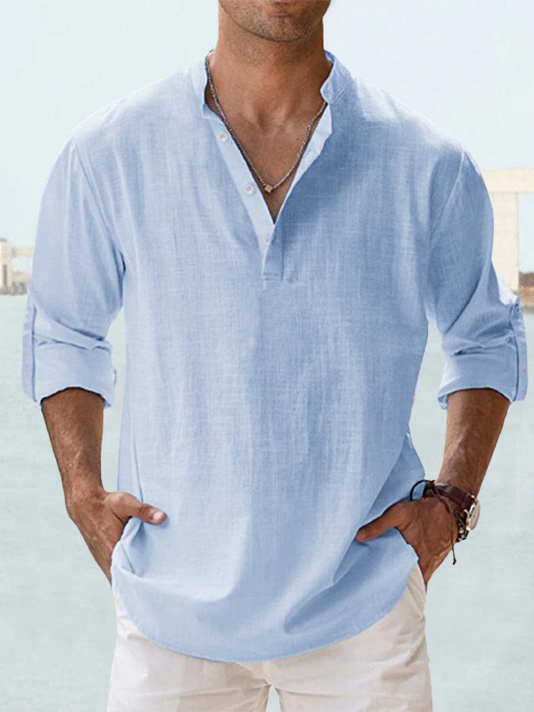 Men's Long-Sleeve Casual Shirt with Stand-up Collar