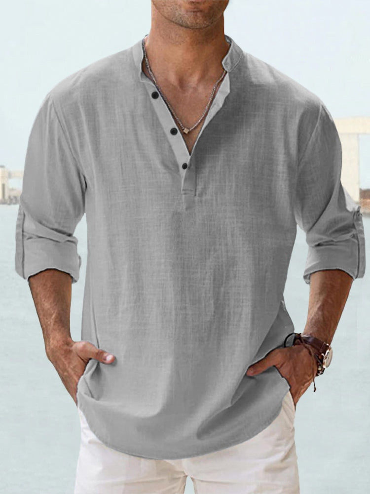 Men's Long-Sleeve Casual Shirt with Stand-up Collar