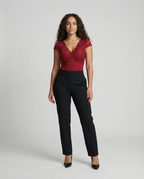 Sophia - Form-fitting Short Sleeve V-Neck Bodysuit with Lace
