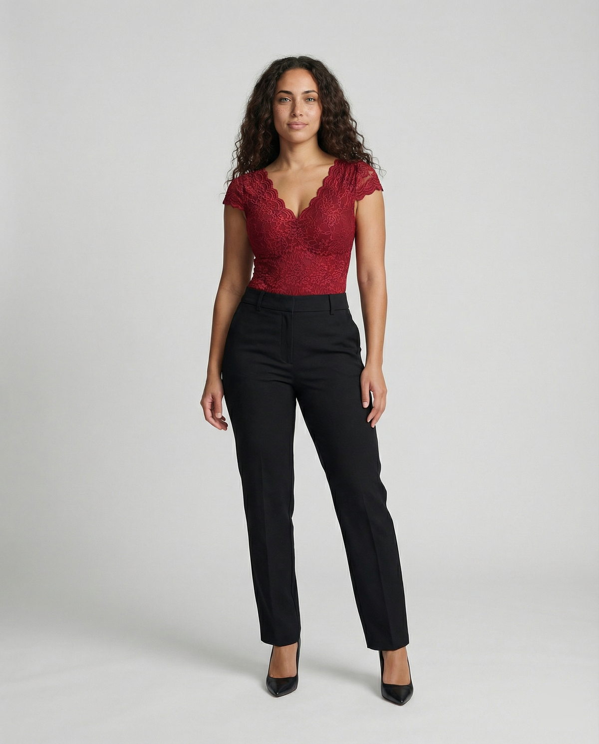Sophia - Form-fitting Short Sleeve V-Neck Bodysuit with Lace