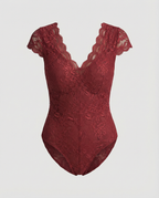 Sophia - Form-fitting Short Sleeve V-Neck Bodysuit with Lace