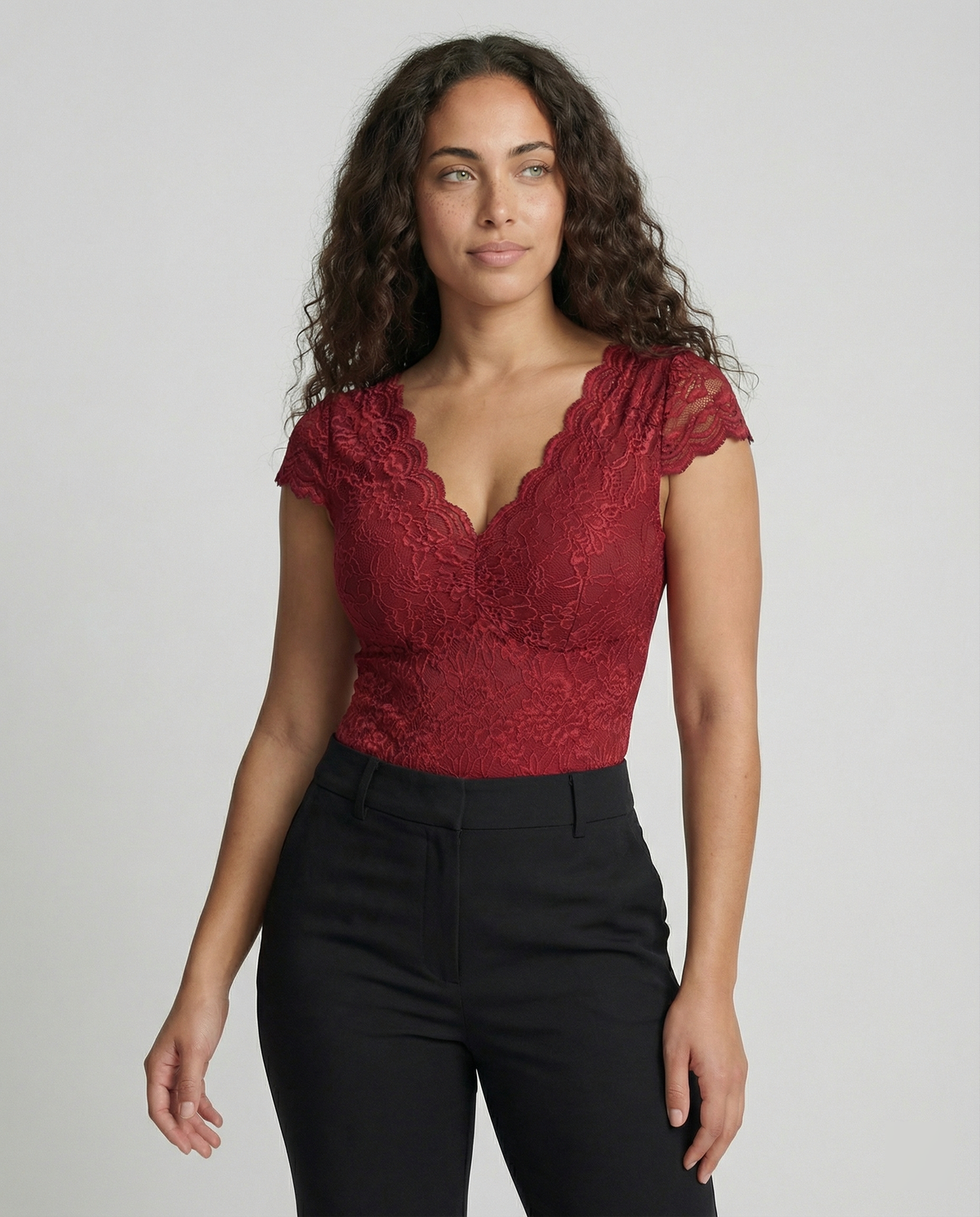 Sophia - Form-fitting Short Sleeve V-Neck Bodysuit with Lace