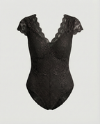 Sophia - Form-fitting Short Sleeve V-Neck Bodysuit with Lace