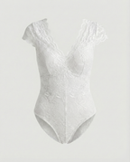 Sophia - Form-fitting Short Sleeve V-Neck Bodysuit with Lace