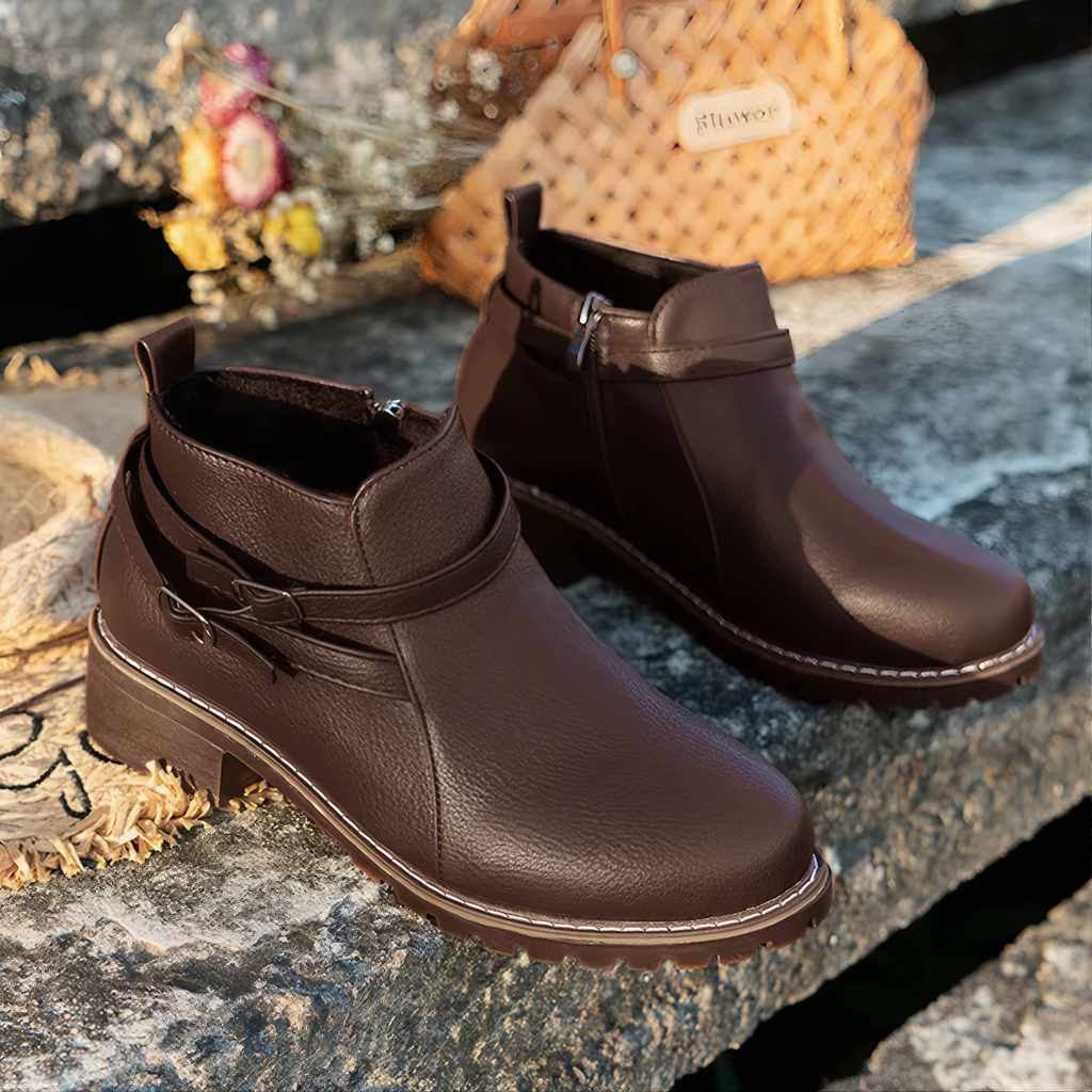 Comfortable Ankle Boots with Side Zipper and Buckle