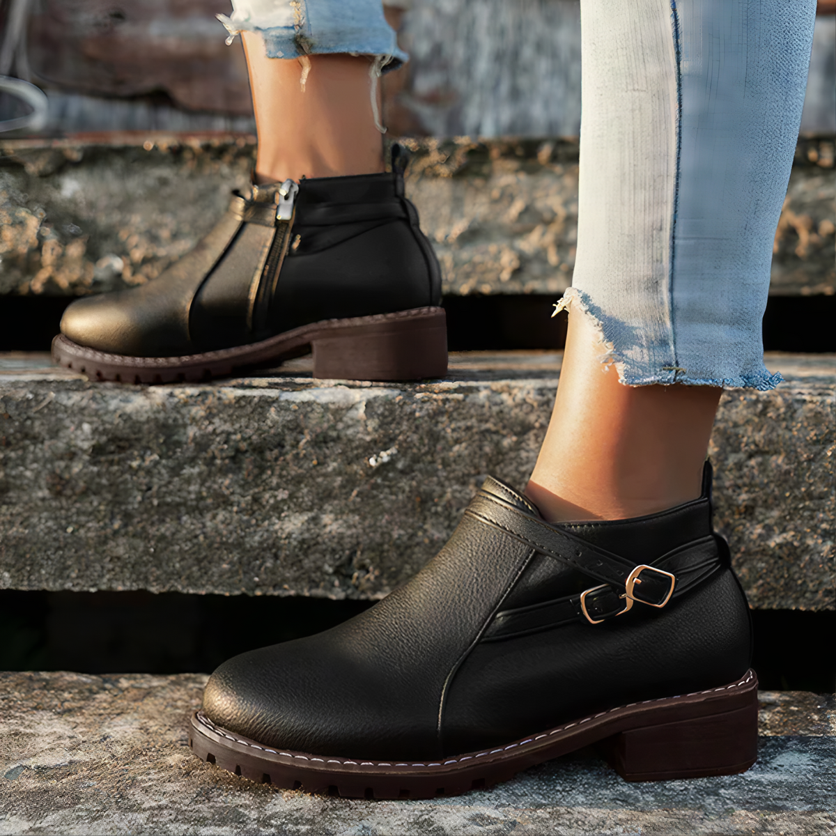 Comfortable Ankle Boots with Side Zipper and Buckle