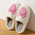 Beige Fluffy Slippers With Pink Bow Embroidery
