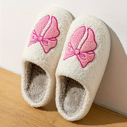 Beige Fluffy Slippers With Pink Bow Embroidery