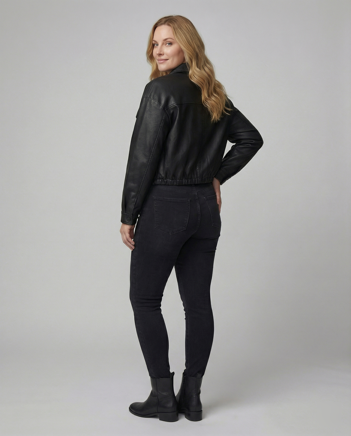 Women's Black Cropped Faux Leather Transitional Jacket
