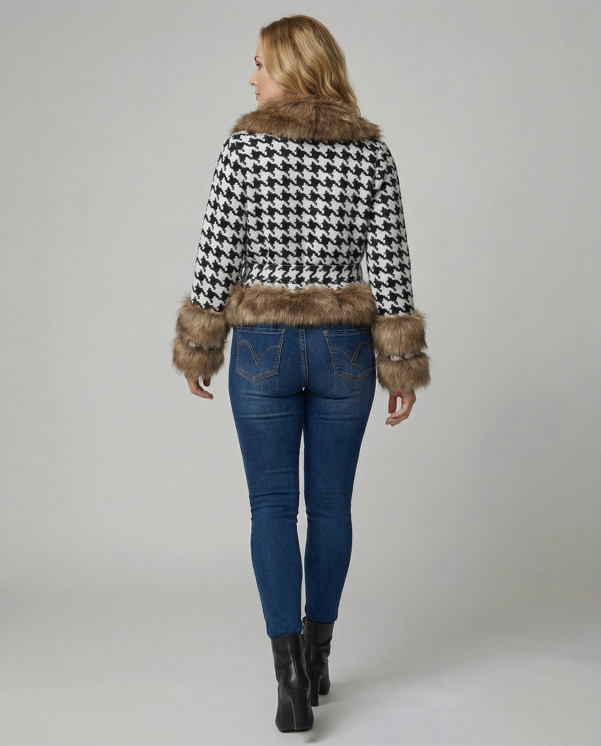Women's Elegant Transitional Jacket with Faux Fur and Houndstooth