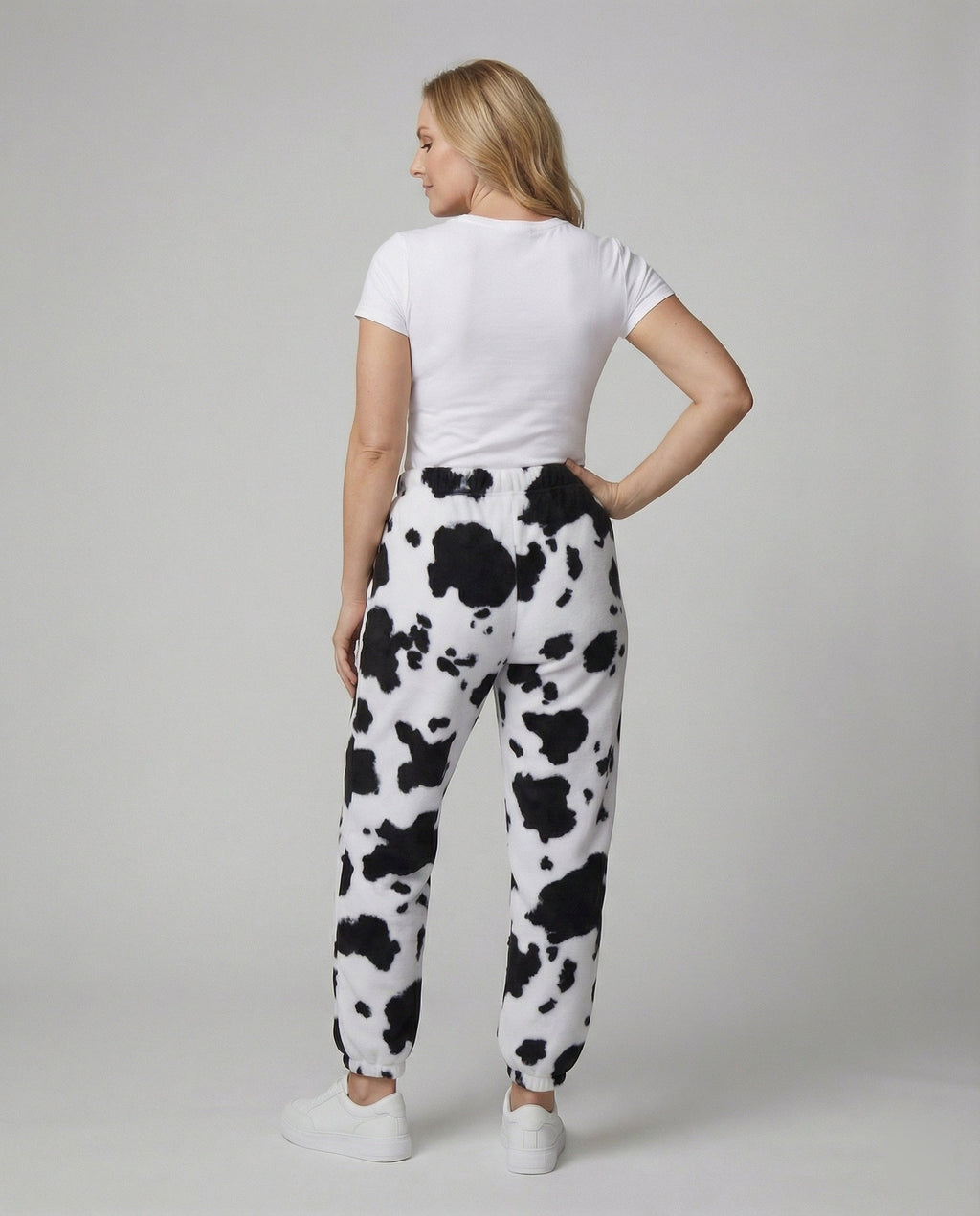 Women's Casual Cow Print Pants with Elastic Waist and Cuffs