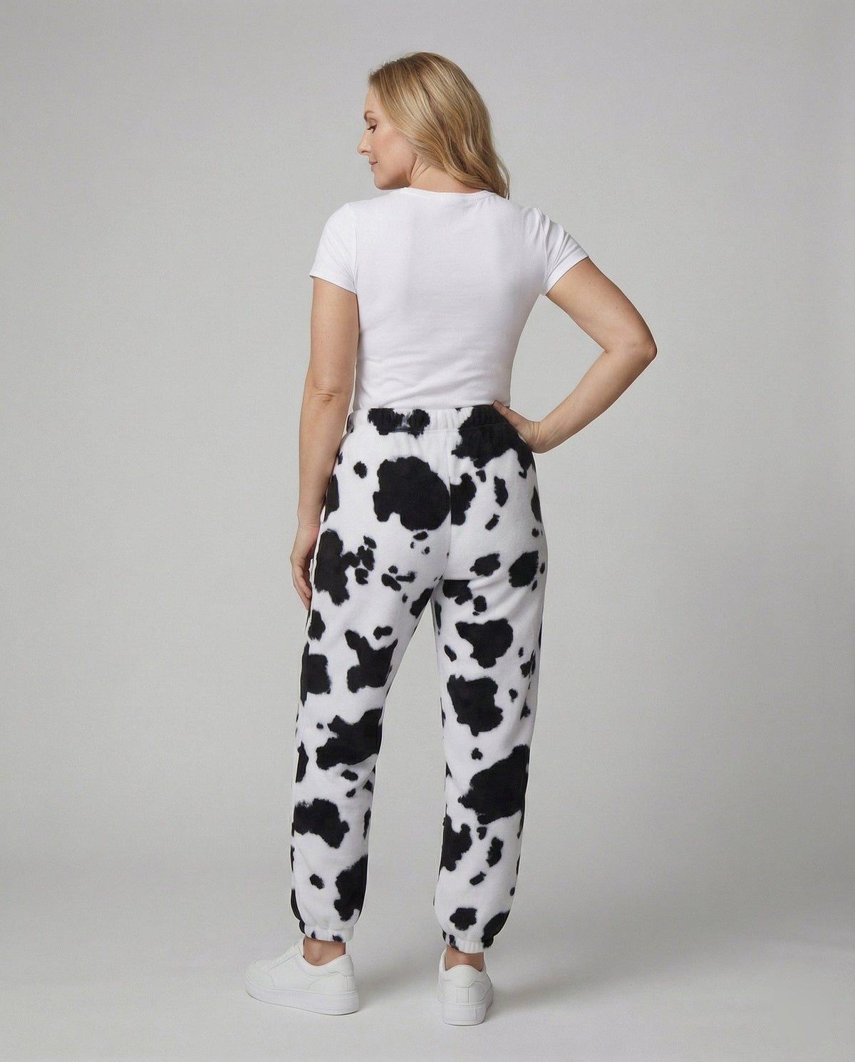 Women's Casual Cow Print Pants with Elastic Waist and Cuffs