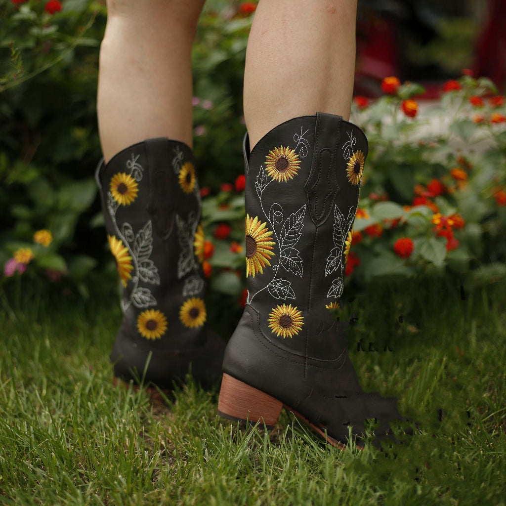 Boho-Inspired Women's Boots with Sunflower Design