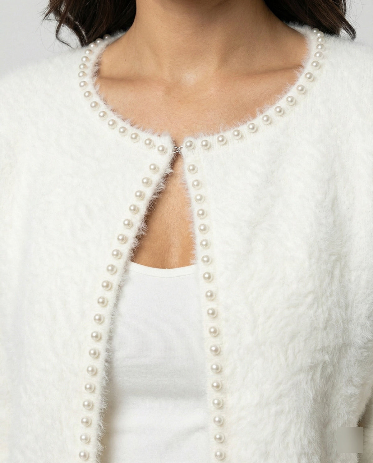 Women's Fluffy Cardigan with Pearl Detail