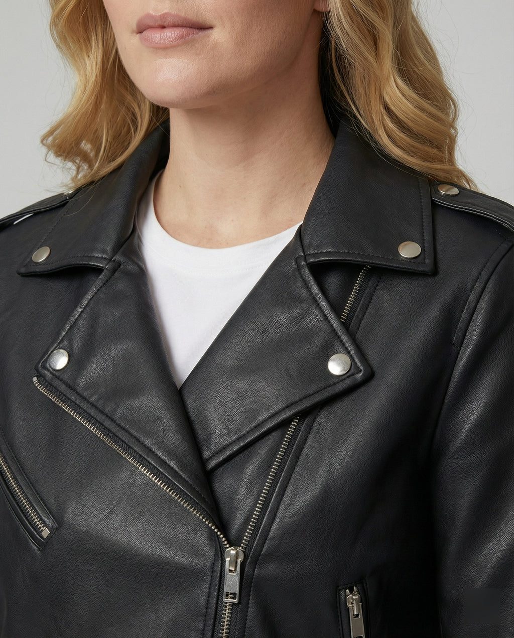 Women's Faux Leather Biker Jacket with Modern Details