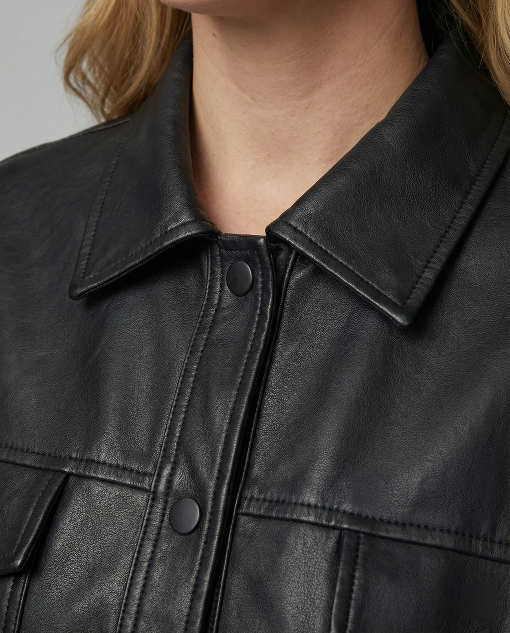 Women's Black Cropped Faux Leather Transitional Jacket