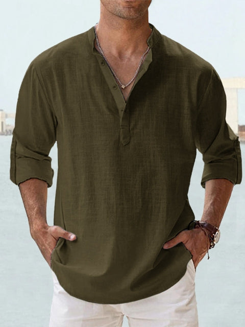 Men's Long-Sleeve Casual Shirt with Stand-up Collar