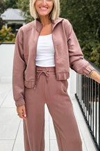 Sleek Full Zip Jacket and High Waist Elastic Pocket Sweatpants Set