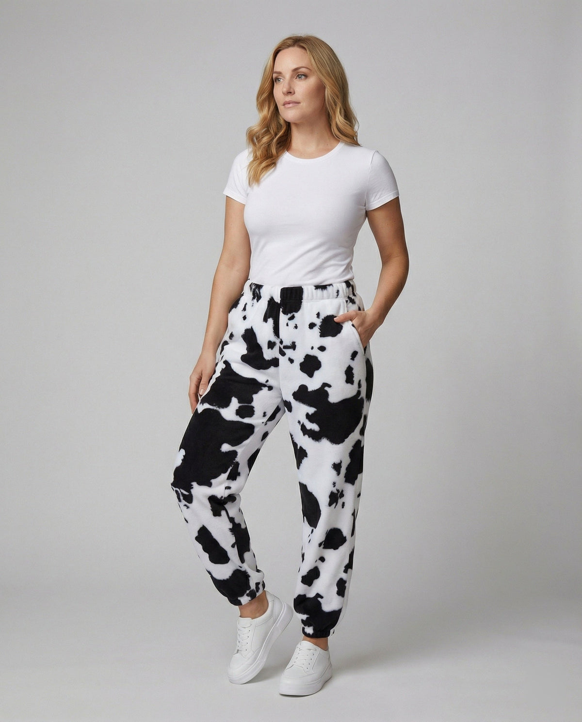 Women's Casual Cow Print Pants with Elastic Waist and Cuffs