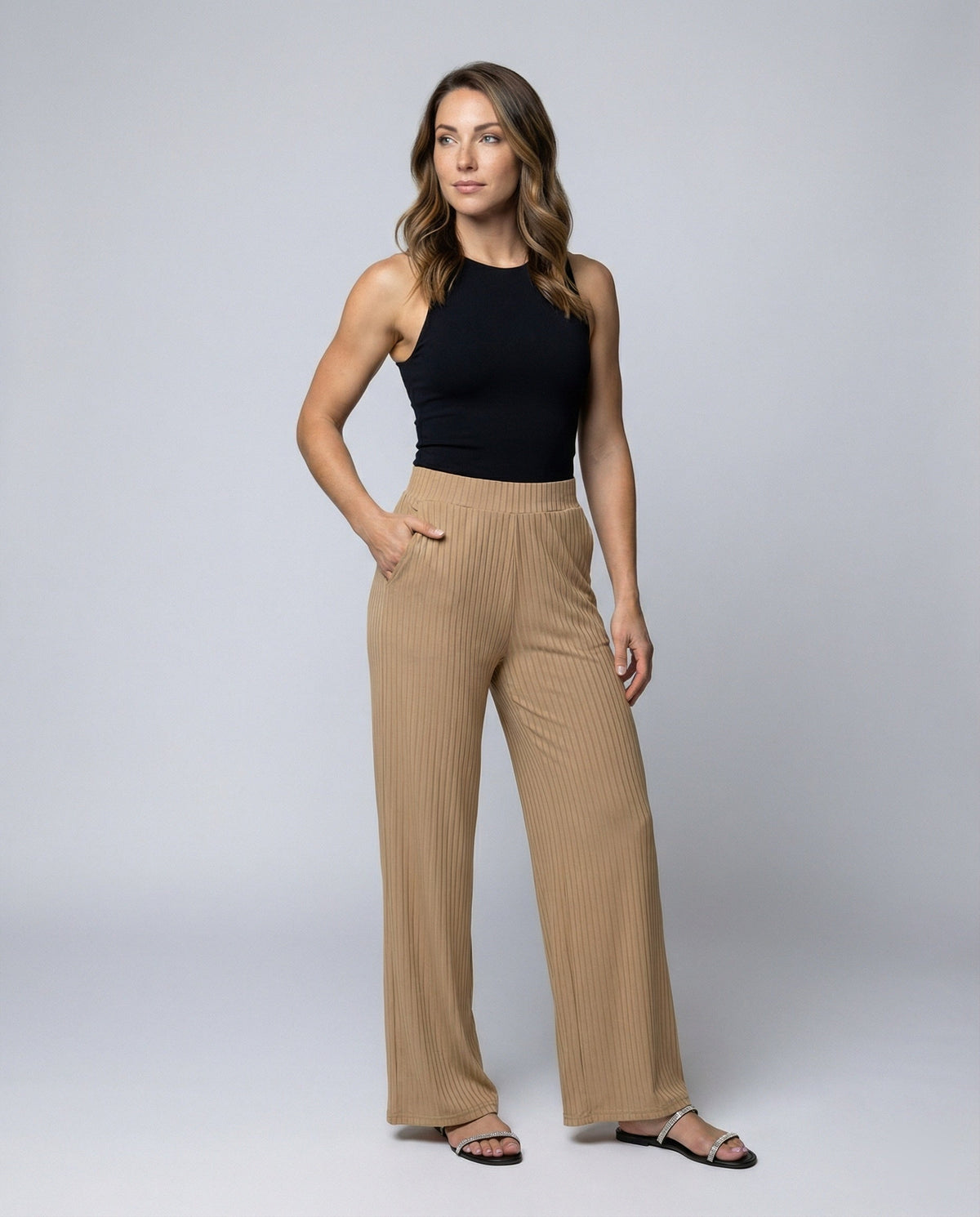 Women's Elegant Wide-Leg Summer Trousers with Fine Ribbed Texture