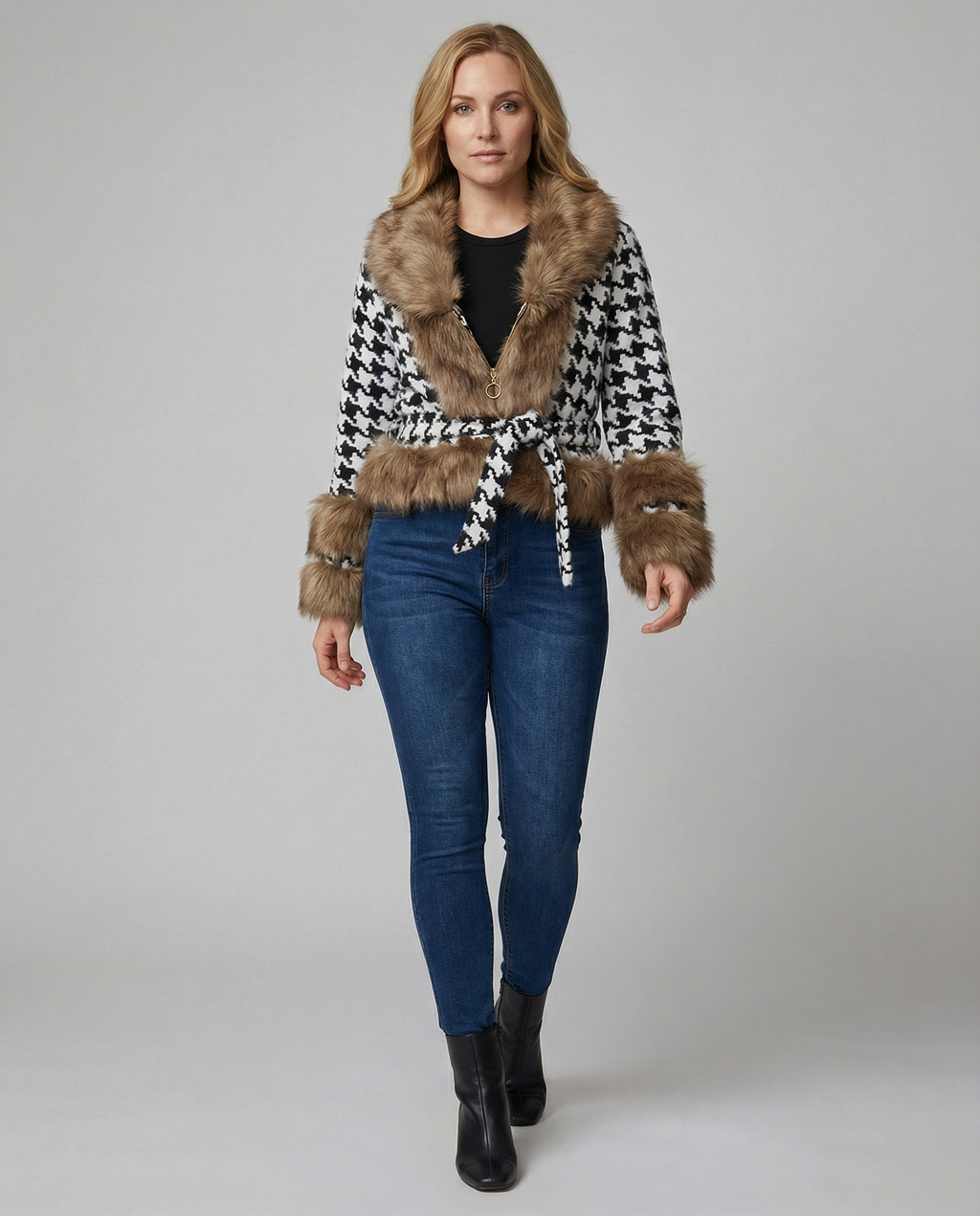 Women's Elegant Transitional Jacket with Faux Fur and Houndstooth