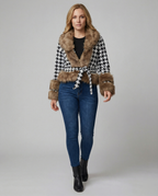 Women's Elegant Transitional Jacket with Faux Fur and Houndstooth