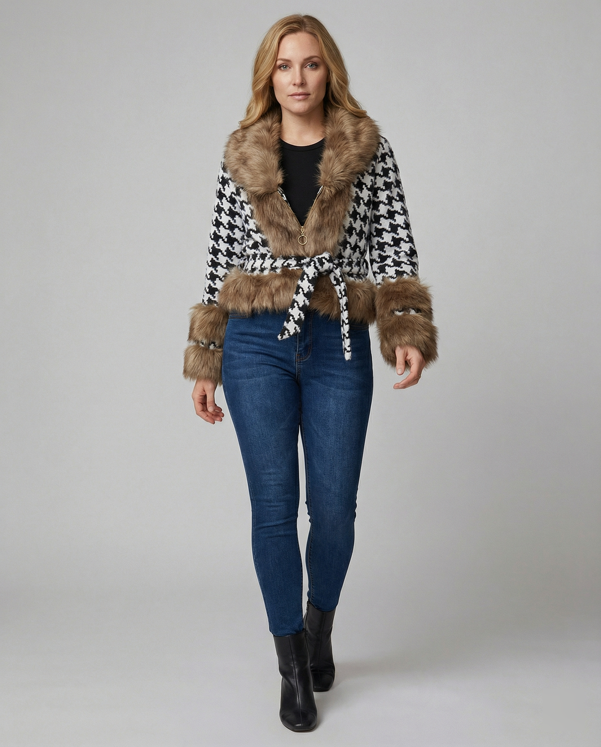 Women's Elegant Transitional Jacket with Faux Fur and Houndstooth